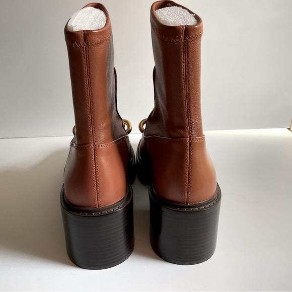 Coach Kenna honey caramel brown bootie with gold chain chunky heel ankle boot - Picture 9 of 14